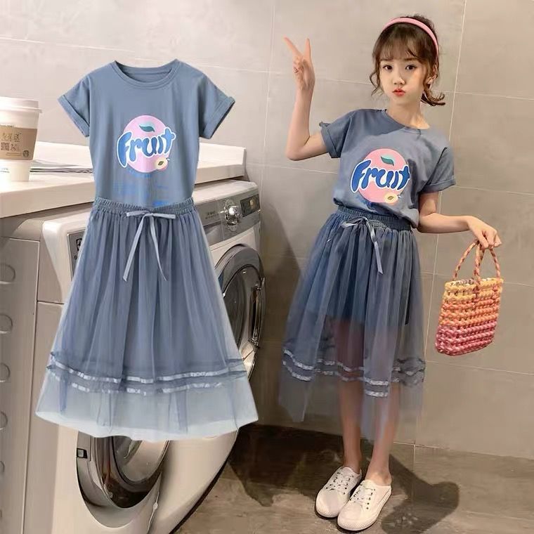 Girl's dress 2021 new summer two piece suit of foreign style summer net red princess skirt