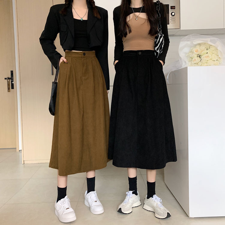 Real price ~ 2021 autumn new Korean version high waist thin corduroy medium and long A-line skirt, women's skirt