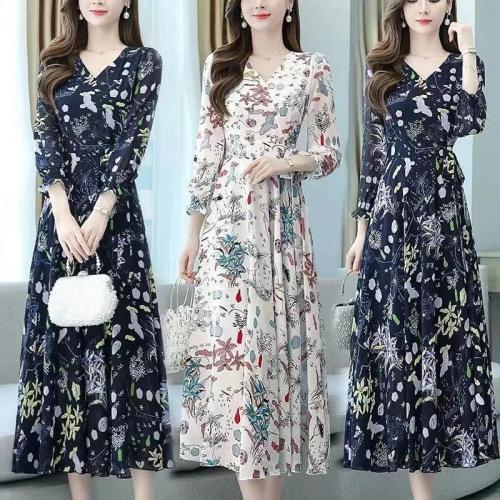 2021 autumn new women's long sleeve floral dress super fairy temperament slim long A-line large skirt