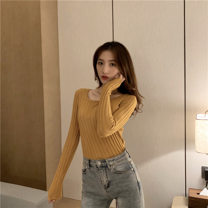 Real shot real price super visible clavicle simple basic pure color thin core spun yarn square neck T-shirt