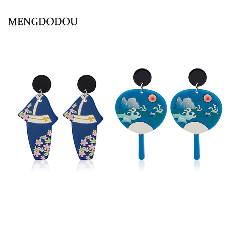 Real cartoon design fan Earrings simple and versatile personality lovely kimono net red Earrings