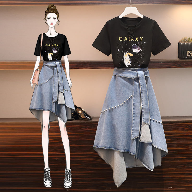 Single / large women's fat sister 2020 summer new style foreign style age reducing skin covering skinny denim skirt