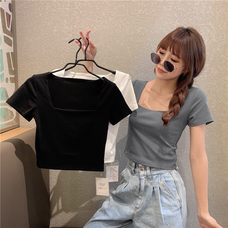 Tight fitting inside with square neck short sleeve T-shirt high waist short open navel top women's wear