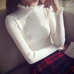 Autumn and winter Korean version of half high collar sweater with black fungus and lotus leaf