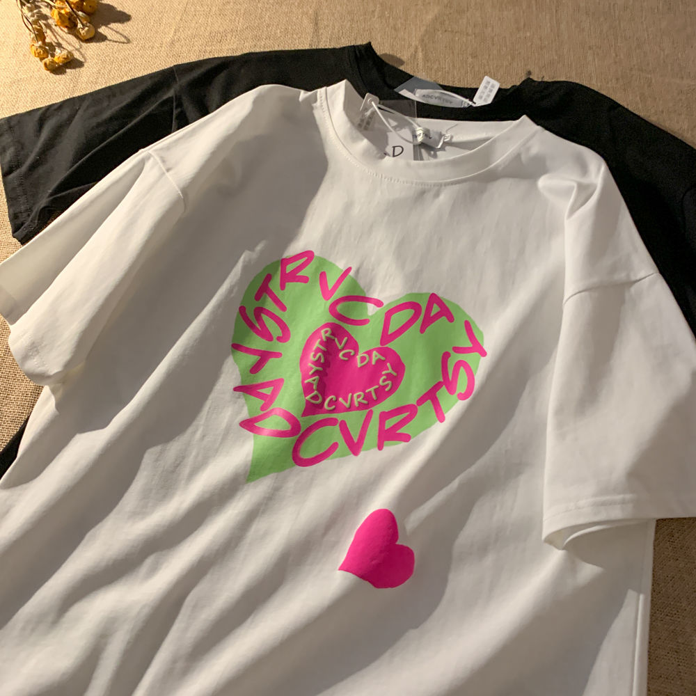 2021 summer new love peach print versatile loose Casual Short Sleeve T-shirt for women