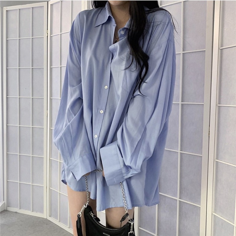 Korean chic sunscreen solid color long sleeve thin Korean BF loose medium long student shirt coat female