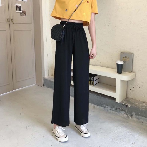 Real shot spring Korean new high waist slim versatile wide leg pants drop feeling straight tube nine point casual pants