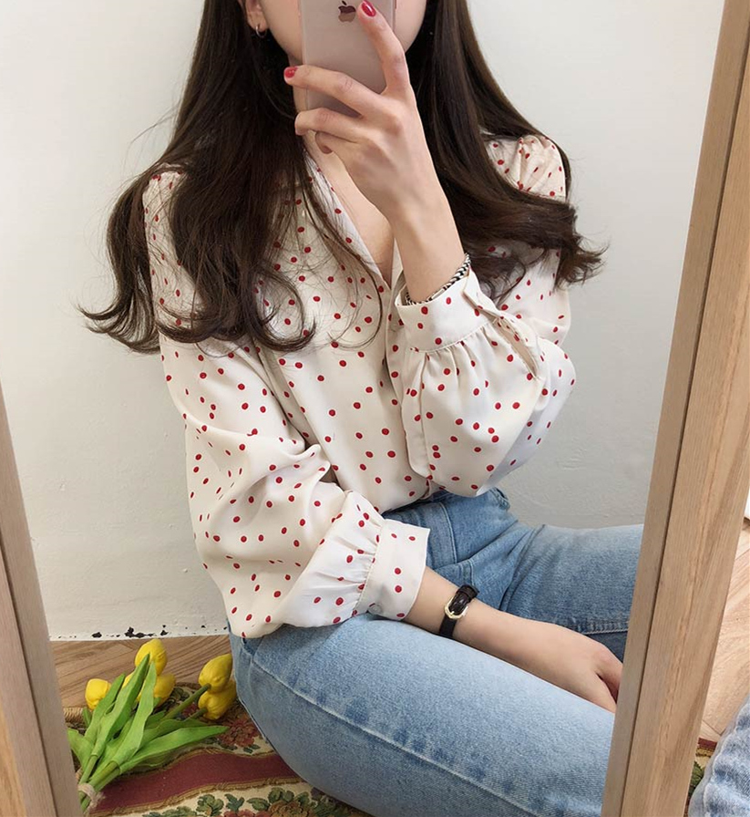 Retro Red wave point design minority Long Sleeve Chiffon shirt women's Korean version loose very fairy top