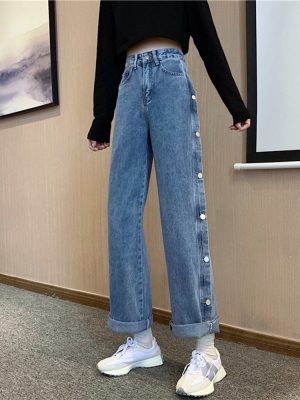 Non real shot spring and summer Korean high waist skinny jeans women's personality versatile loose wide leg pants