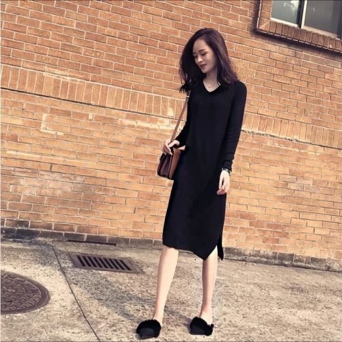 Hepburn style black knitted dress women's early autumn  new slim fit, skinny, knee length skirt