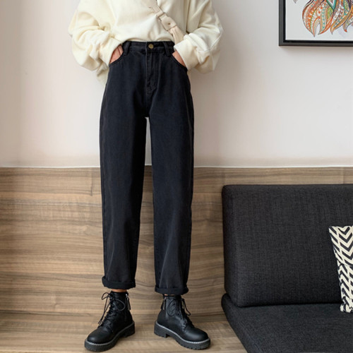 Real shooting early autumn  new high waist versatile straight pants show thin black jeans loose Harlan pants women's pants