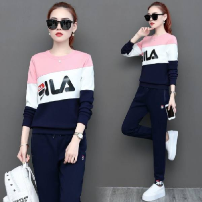 Leisure sports suit women's autumn new fashion splicing contrast loose round neck long sleeve trousers two-piece set