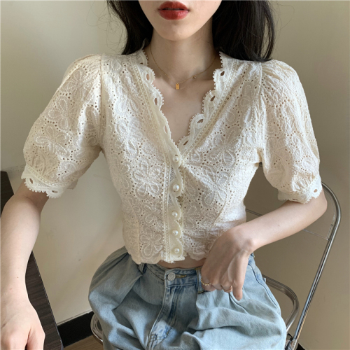 Real photo real price summer Korean style hook lace top with V-neck single breasted short cardigan