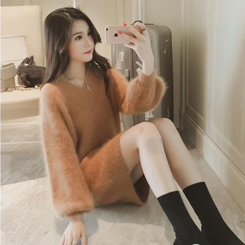 Autumn women's wear Korean version V-Neck Sweater Dress medium-length long sleeve Pullover knitted sweater women's loose top