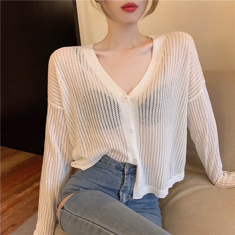 Loose V-neck knitted cardigan women's super hot and fashionable foreign style perspective screen top versatile sunscreen thin coat
