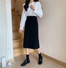 Real shot new high waist long skirt autumn bag hip skirt back slit A-line skirt medium length black skirt
