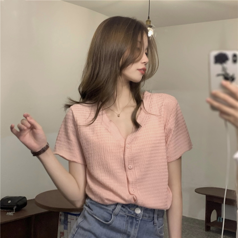 Real price! Summer design Ruffle V-neck slim short sleeve top women's Korean short shirt