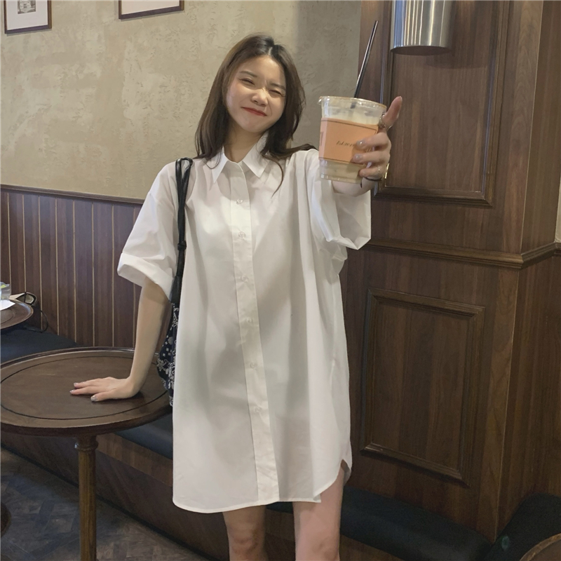 Real price! Korean Air lined dress oversized slim shirt skirt medium length dress