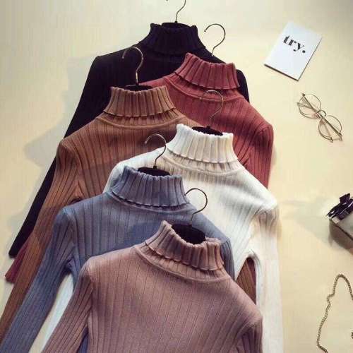A dollar autumn dress new style Korean version of high-collar slim knitted sweater with vertical texture undercut Pullover