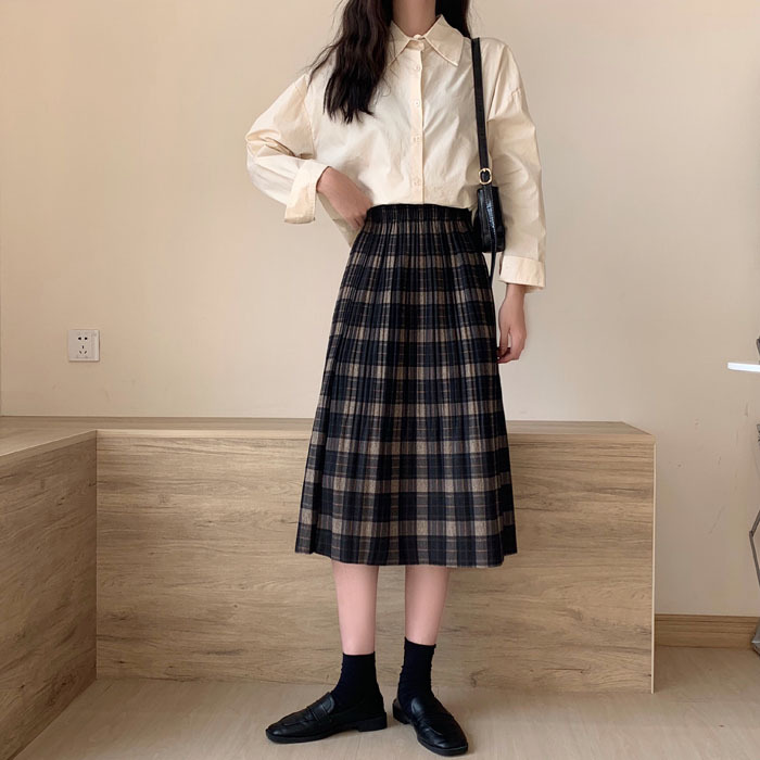 Real shooting and real price ~ New Korean version elastic waist medium and long Plaid pleated skirt A-line skirt half skirt female