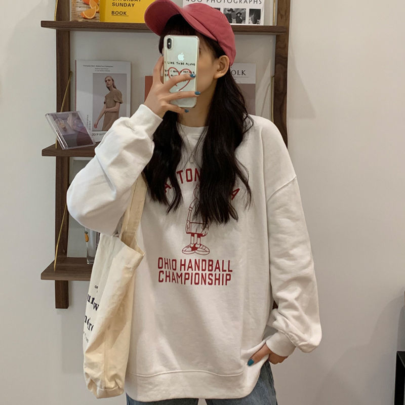 2021 Korean college style cartoon children's letter printing loose lazy wind round neck sweater women's top fashion