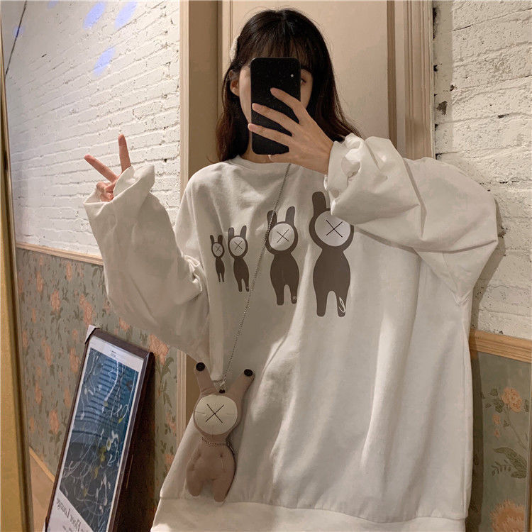 Sweater autumn and winter female 2021 Korean version lazy wind loose round neck cartoon medium long long sleeve top female student