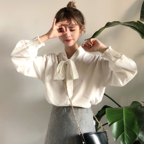 Shot the new Korean version of the temperament simple bow tie Chiffon long-sleeved shirt woman