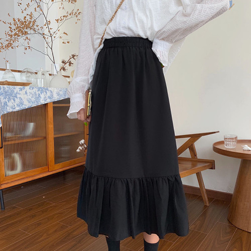 Real price Korean medium length fishtail skirt retro literature loose A-line skirt elastic waist skirt