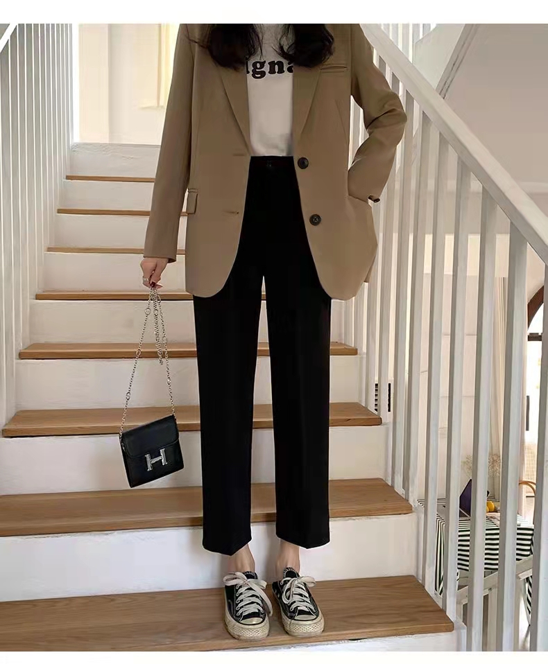 Suit pants tweed women's straight tube loose wide leg pants high waist black thin hanging feeling small casual cigarette