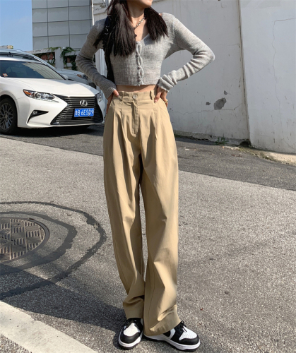 Real price real shot Khaki casual pants loose and thin in autumn High Waist Wide Leg Pants solid color versatile
