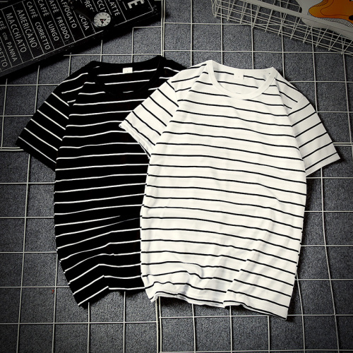 19 Summer New Men's Wide Stripe Couple T-shirt with Round Collar and Short Sleeve