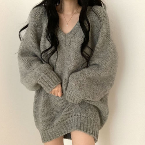 Real price shooting real price autumn and winter loose outer wear Pullover lazy wind soft waxy gray sweater top sweater