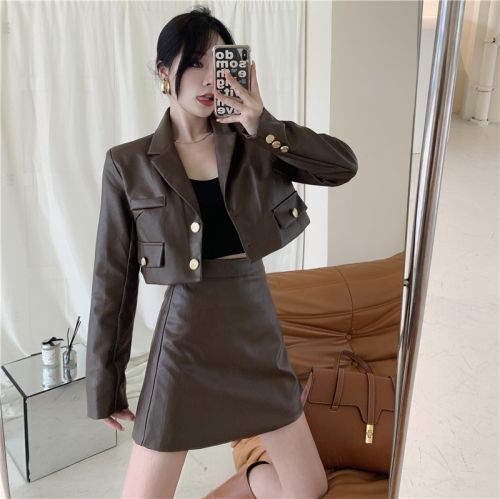 Real shooting and real price design sense autumn suit short temperament leather coat + high waist slim A-line skirt two-piece set