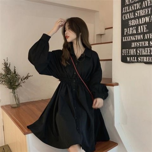 French Retro Mid long dress women's Korean long sleeve shirt skirt black skirt autumn new
