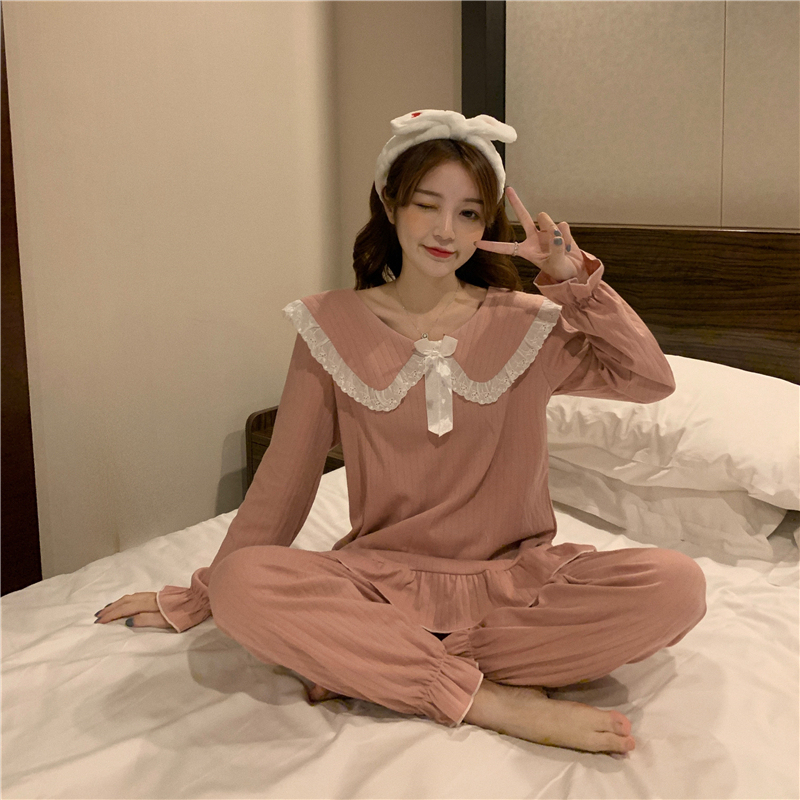 Real shooting of new sweet and lovely lace bow long sleeved pajamas home clothes two-piece set for women