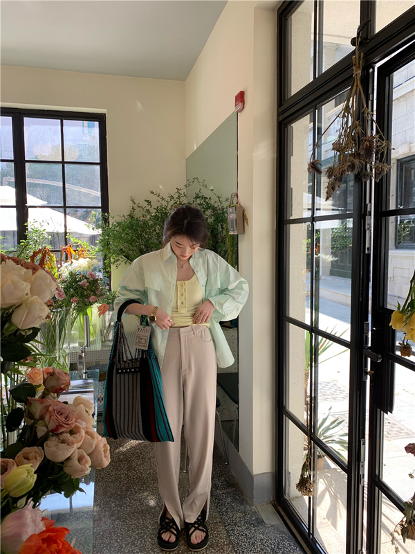 Real shooting real price vertical feeling straight tube floor dragging wide leg pants split pants + Mint Green Shirt simple long sleeve top