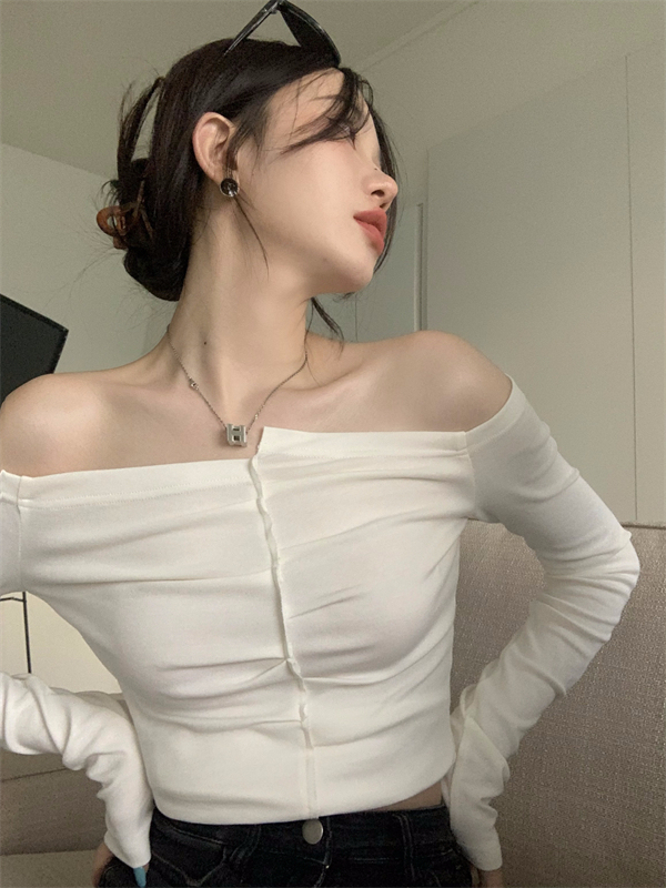 Real price ~ sneaky hot girl one shoulder short top slim T-shirt women's design sense of minority chic top autumn