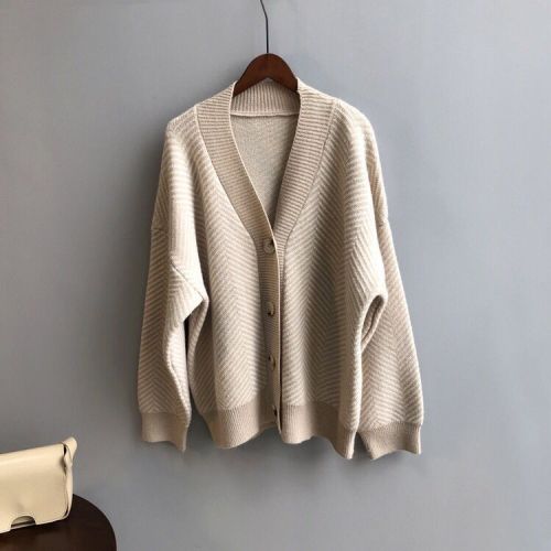 Korean Chic Vintage lazy V-neck single breasted loose irregular diamond texture cardigan sweater outerwear woman