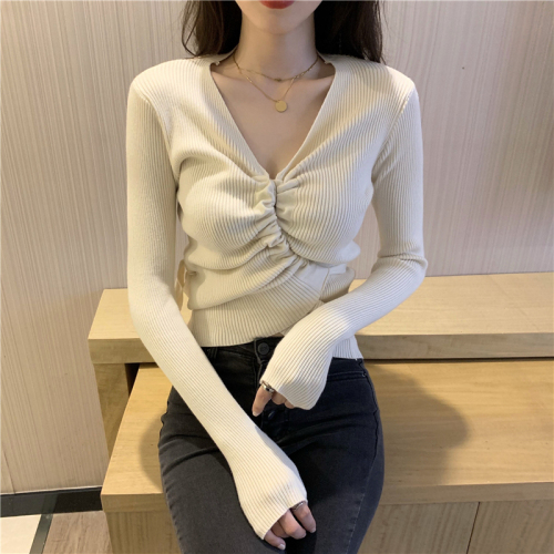 Real shot real price French T-shirt clavicle heart machine top design sense bandage short Ruffle V-Neck Sweater for women
