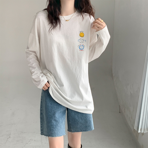 Real price smiling face printed long sleeve T-shirt women's inside with Korean version ins loose cotton large version bottomed Shirt Top