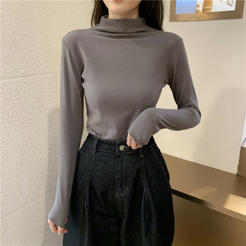 Real price real price autumn and winter foreign style self heating denim bottomed shirt women's half high collar with thickened warm and frosted top