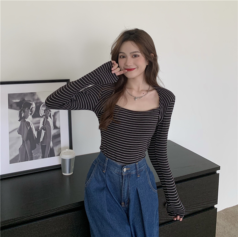 Real shot real price early autumn Korean version chic design sense of minority collar stripe temperament t-shirt female
