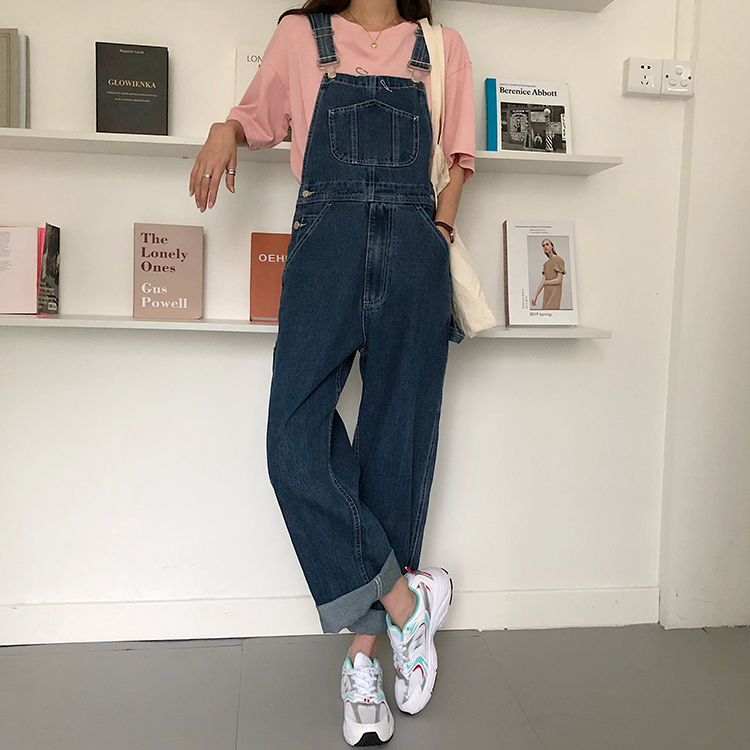 Real shot real price retro Korean leisure College show thin denim strap pants straight pants