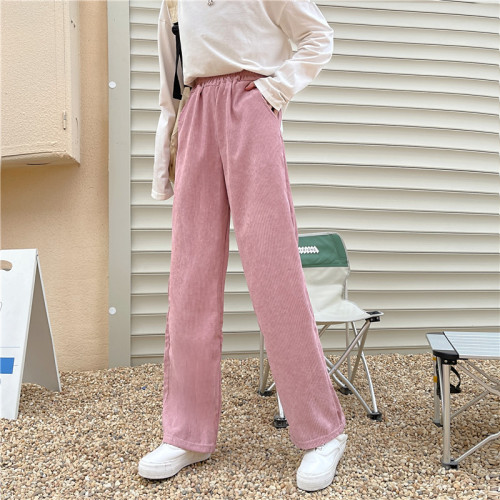 Spring corduroy women's high waist straight tube loose wide leg pants with pockets
