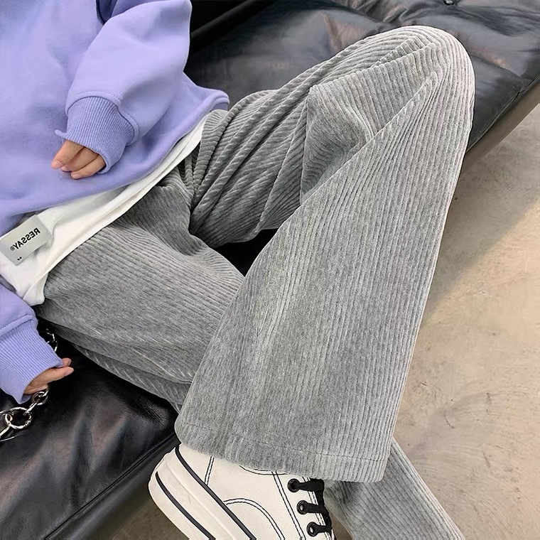 Non real shot grey corduroy autumn lazy style versatile straight tube hanging casual wide leg pants