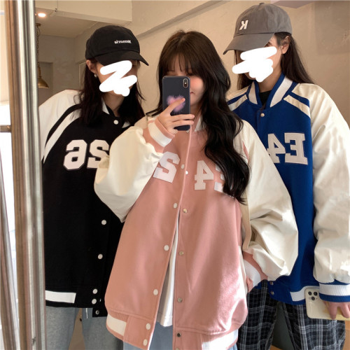 Real shooting American retro baseball suit women's spring and autumn Korean version pink letter embroidery loose autumn coat