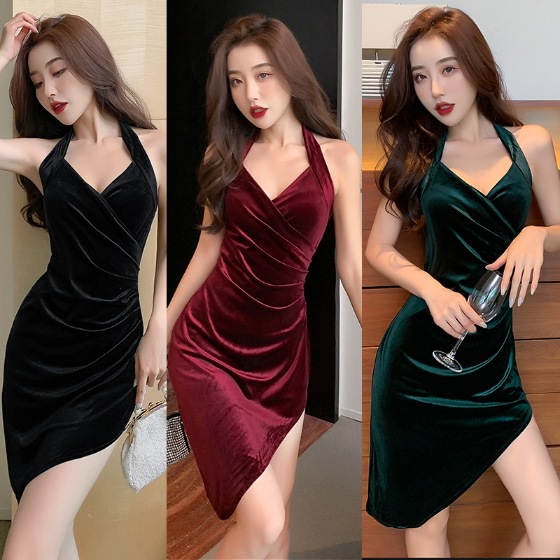 Real shooting French retro dress dress sexy hanging neck open back fork irregular velvet dress