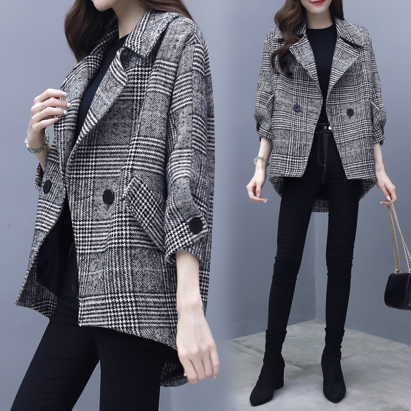 Autumn and winter 2021 new Korean version, versatile, thin temperament, thousand bird plaid coat, suit coat, wool coat, women's fashion
