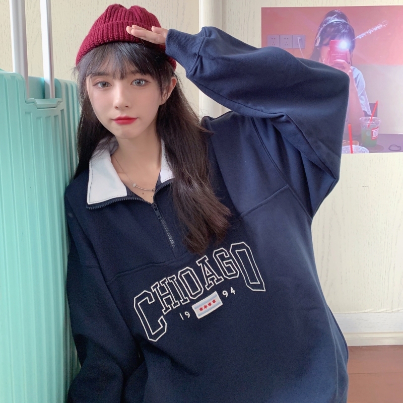 Real shot real price thin sweater women's embroidered letter zipper half high collar