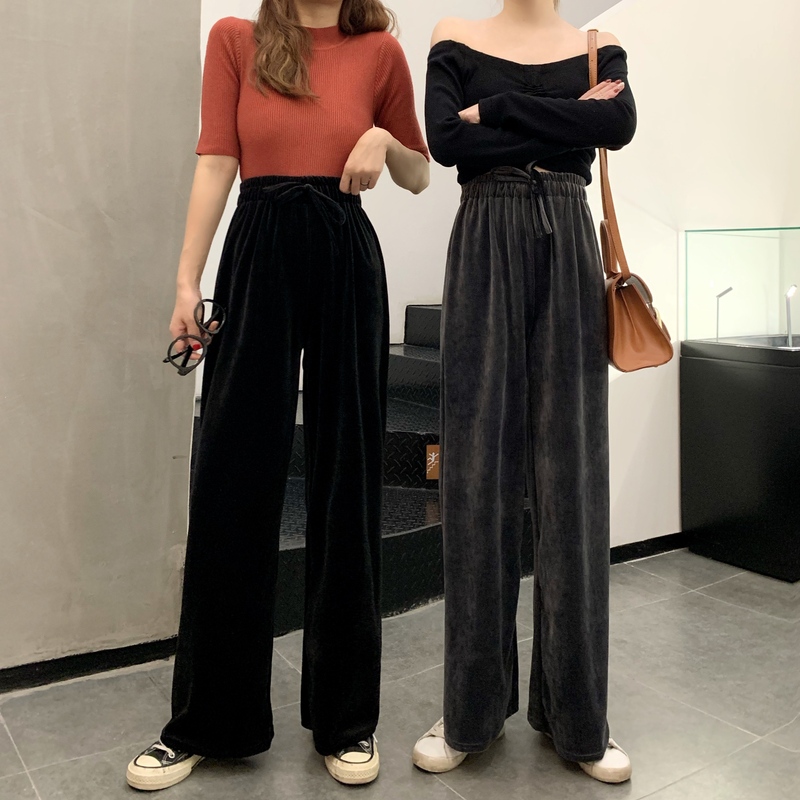 Real shooting spring and autumn elastic waist large loose high waist hanging feeling velvet wide leg floor dragging leisure pants